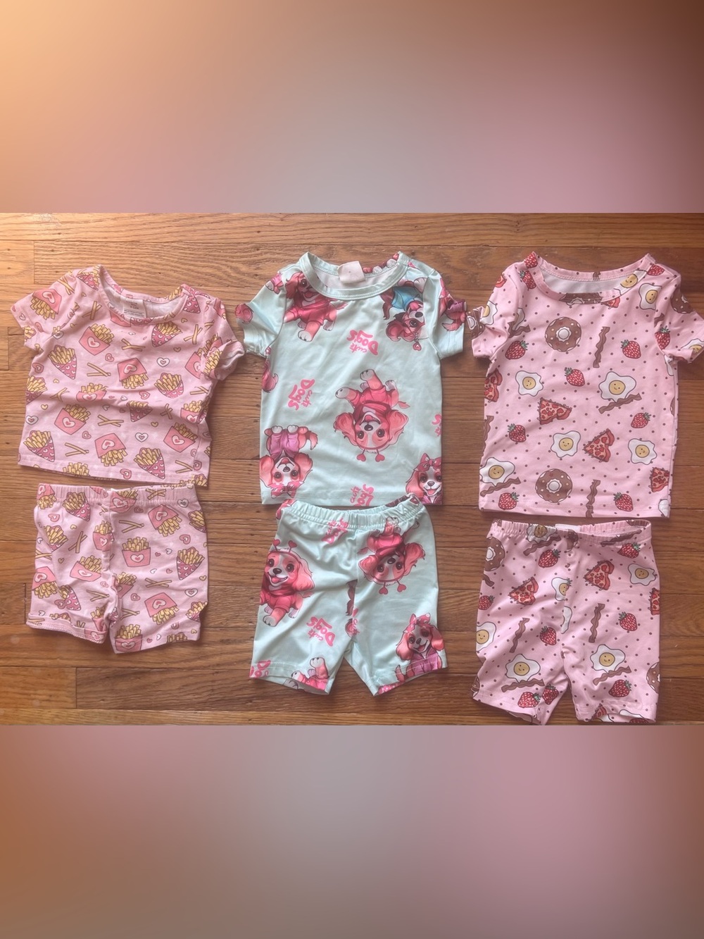 SHEIN 3 Bundle pajama sets 9-12 month girls, paw patrol, French fries, breakfast